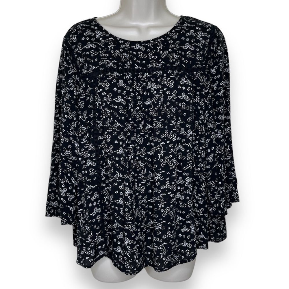 Old Navy Boho Peasant Ditsy Floral Black White Flutter Sleeve Blouse Women Large